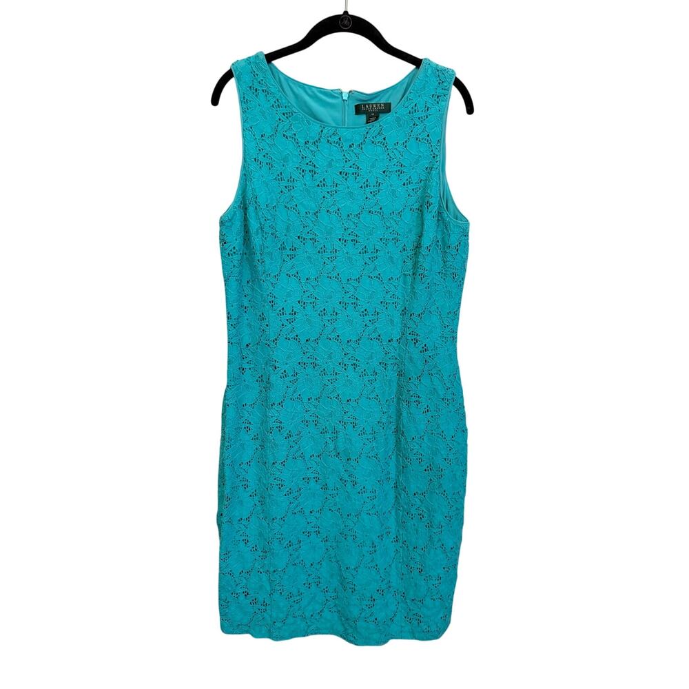 Lauren Ralph Lauren Sheath Dress 16 Teal Midi Floral Lace Guest Elegant Wedding